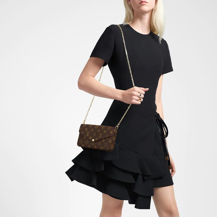 LOUIS VUITTON Felicie Pochette 经典老花 帆布拼牛皮 三合一链条包腋下包手拿单肩斜挎包 女款 棕色 #老版本十字纹内里#