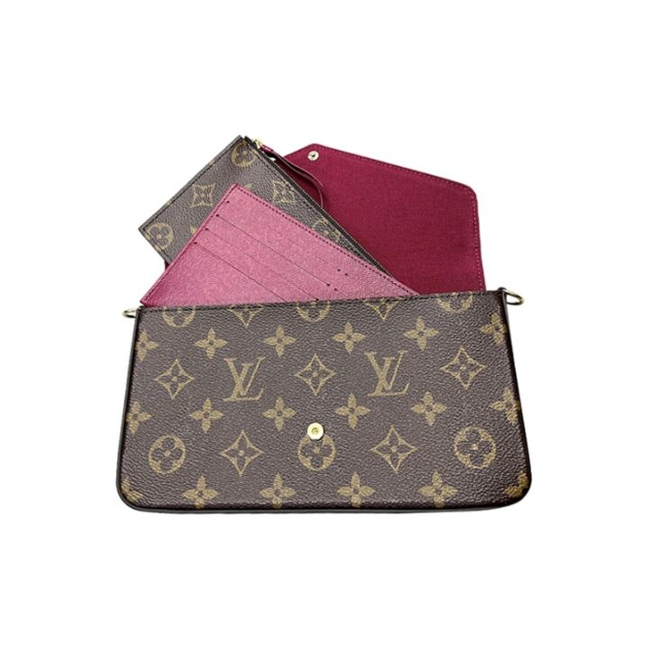 LOUIS VUITTON Felicie Pochette 经典老花 帆布拼牛皮 三合一链条包腋下包手拿单肩斜挎包 女款 棕色 #老版本十字纹内里#