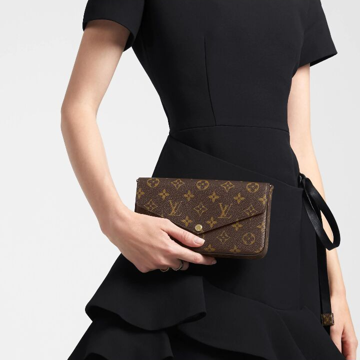 LOUIS VUITTON Felicie Pochette 经典老花 帆布拼牛皮 三合一链条包腋下包手拿单肩斜挎包 女款 棕色 #老版本十字纹内里#