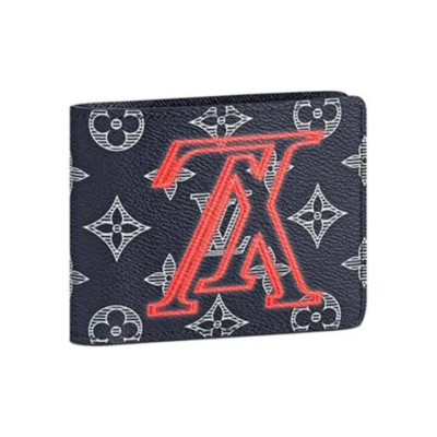 LOUIS VUITTON Multiple 刺绣Logo 老花帆布 短款对折钱包 男款 海军蓝/粉红色