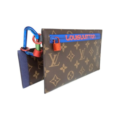 LOUIS VUITTON 丝绸系列 老花帆布 配零钱包 登山扣 手拿包 迷你 男款 深色