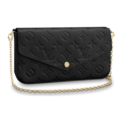 LOUIS VUITTON Pochette Félicie 系列 字母Logo印花翻盖 牛皮革 链条包斜挎单肩包 迷你 女款 黑色 #老版本十字纹内里#