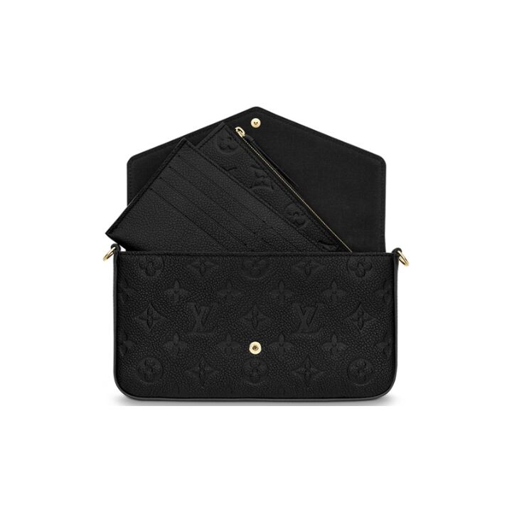 LOUIS VUITTON Pochette Félicie 系列 字母Logo印花翻盖 牛皮革 链条包斜挎单肩包 迷你 女款 黑色 #老版本十字纹内里#