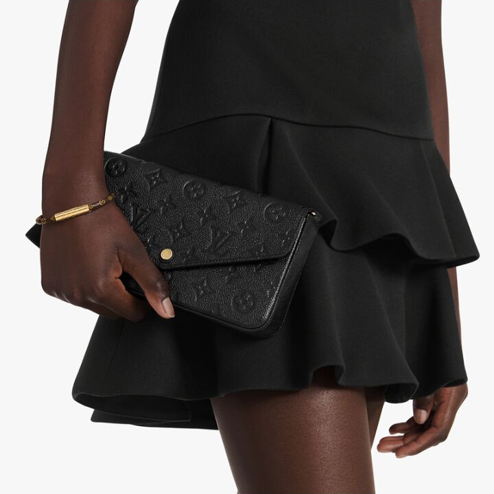 LOUIS VUITTON Pochette Félicie 系列 字母Logo印花翻盖 牛皮革 链条包斜挎单肩包 迷你 女款 黑色 #老版本十字纹内里#