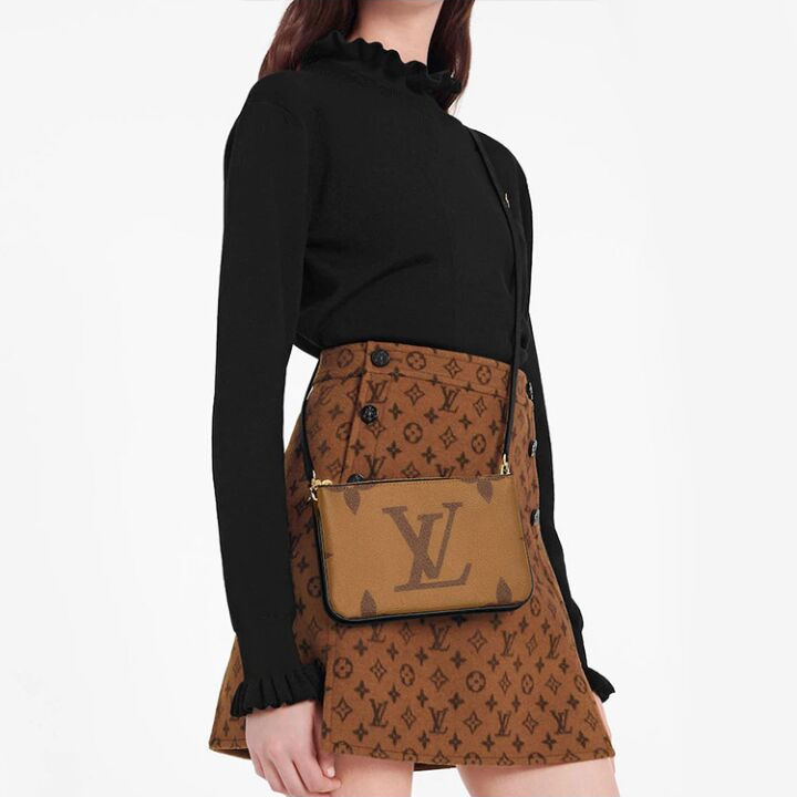 LOUIS VUITTON 老花印花可拆卸可调节肩带双拉链开合 涂层帆布 手拿包单肩斜挎包 女款 棕色