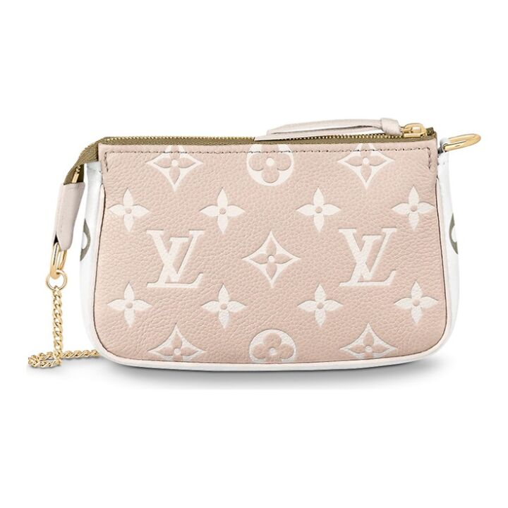 LOUIS VUITTON Pochette Accessoires 经典老花压印 牛皮革 腋下包麻将包链条包单肩手拿包 迷你 女款 黄褐色/粉色