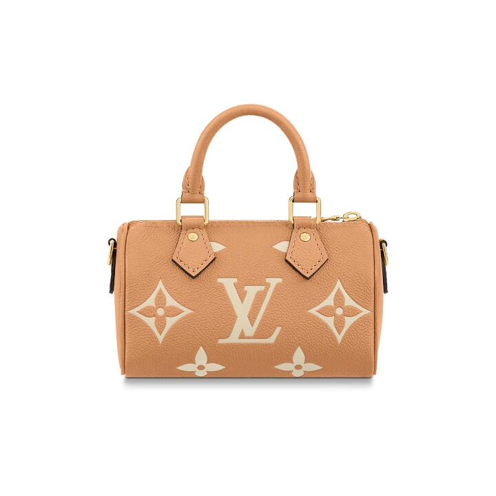 LOUIS VUITTON Nano Speedy系列 可拆卸可调节肩带 双色Logo图案压花柔软粒面牛皮手提单肩斜挎包 超迷你 女款 黄色