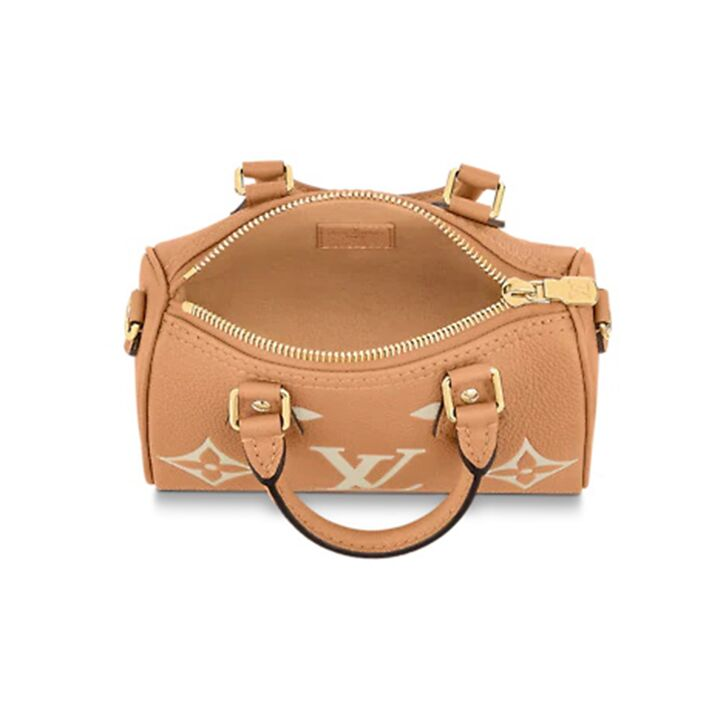 LOUIS VUITTON Nano Speedy系列 可拆卸可调节肩带 双色Logo图案压花柔软粒面牛皮手提单肩斜挎包 超迷你 女款 黄色