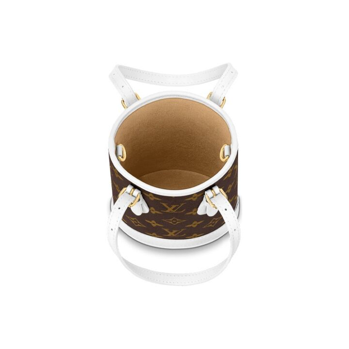 LOUIS VUITTONV Match系列 Nano Bucket 可拆卸可调节肩带 涂层帆布拼牛皮革饰边 水桶包手提包单肩包斜挎包 nano 女款 棕色