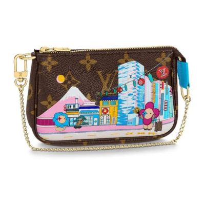 LOUIS VUITTON Pochette Accessories 复古老花涂鸦印花链条肩带 织物 腋下包单肩手提包 迷你 女款 棕色