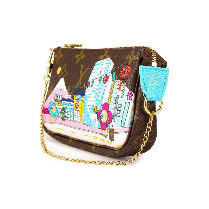 LOUIS VUITTON Pochette Accessories 复古老花涂鸦印花链条肩带 织物 腋下包单肩手提包 迷你 女款 棕色