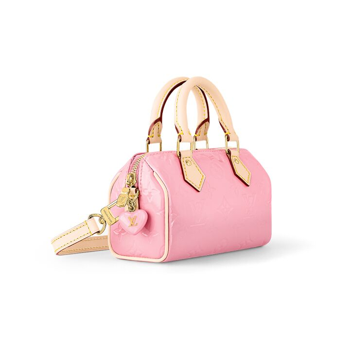 LOUIS VUITTON Speedy 可拆卸可调节肩带老花压纹 漆皮小牛皮 手提单肩斜挎包 nano 女款 粉色