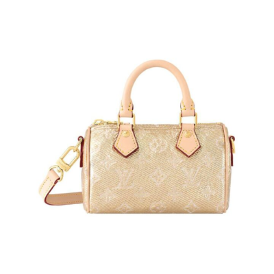 LOUIS VUITTON Nano Speedy 可拆卸可调节肩带拉链开合 帆布拼牛皮 手提包单肩包斜挎包 超迷你 女款 金色