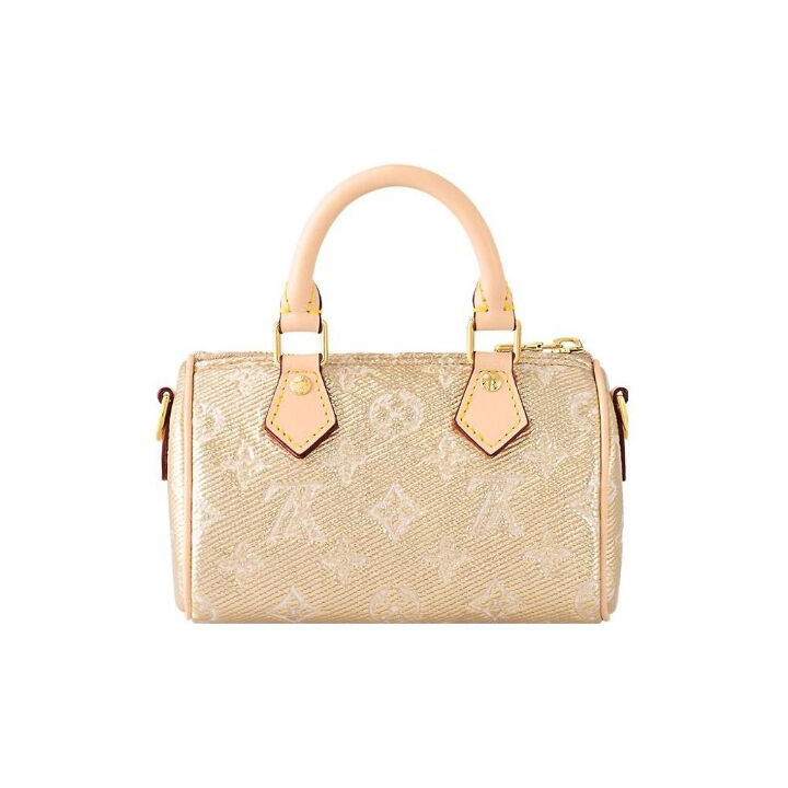 LOUIS VUITTON Nano Speedy 可拆卸可调节肩带拉链开合 帆布拼牛皮 手提包单肩包斜挎包 超迷你 女款 金色