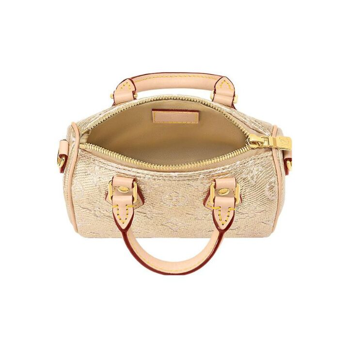 LOUIS VUITTON Nano Speedy 可拆卸可调节肩带拉链开合 帆布拼牛皮 手提包单肩包斜挎包 超迷你 女款 金色