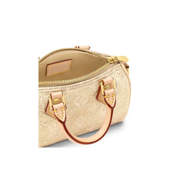 LOUIS VUITTON Nano Speedy 可拆卸可调节肩带拉链开合 帆布拼牛皮 手提包单肩包斜挎包 超迷你 女款 金色