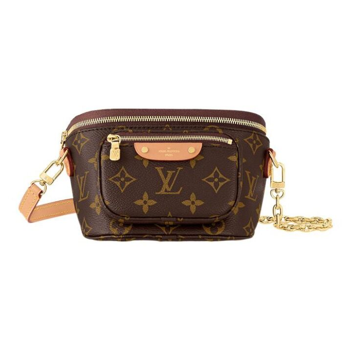 LOUIS VUITTON Bumbag 满印老花可拆卸可调节肩带链条 涂层帆布拼牛皮革饰边 胸包单肩斜挎腰包 迷你 女款 棕色