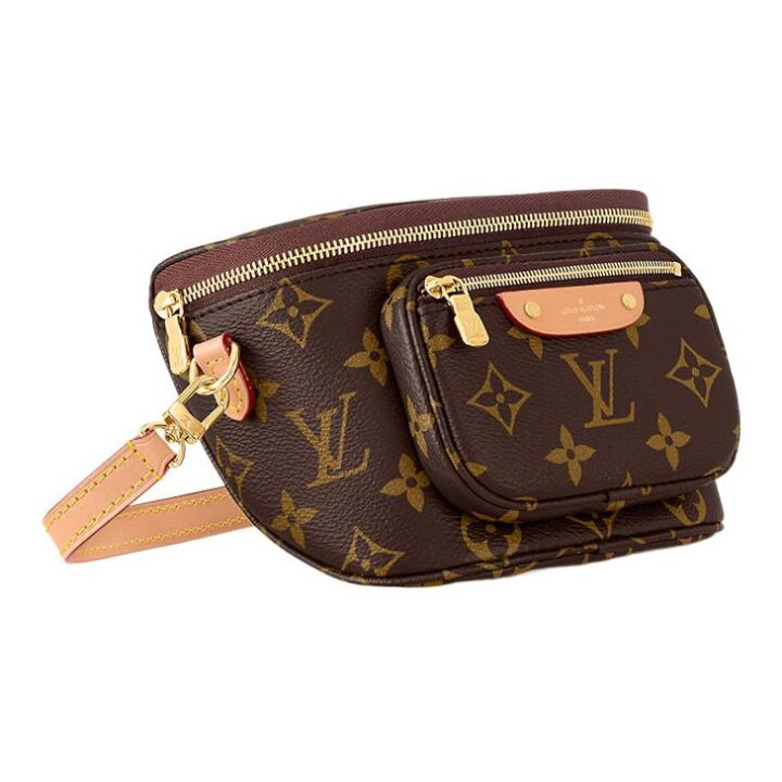 LOUIS VUITTON Bumbag 满印老花可拆卸可调节肩带链条 涂层帆布拼牛皮革饰边 胸包单肩斜挎腰包 迷你 女款 棕色