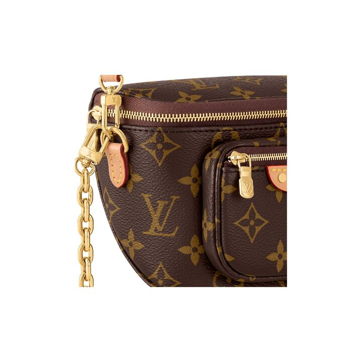 LOUIS VUITTON Bumbag 满印老花可拆卸可调节肩带链条 涂层帆布拼牛皮革饰边 胸包单肩斜挎腰包 迷你 女款 棕色