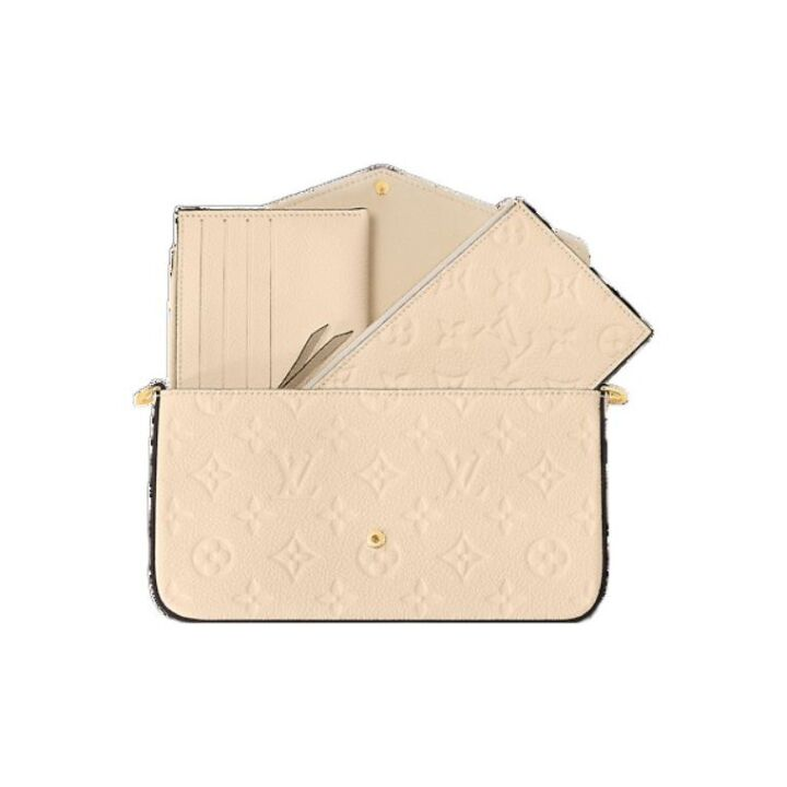 LOUIS VUITTON Pochette Felicie 老花满印翻盖链条软粒面 牛皮革 三合一斜挎单肩包 女款 奶白色