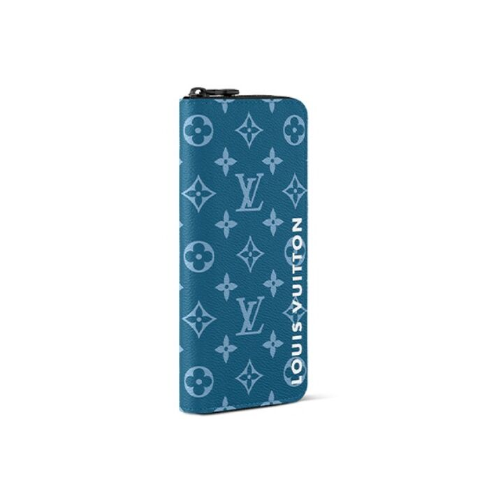 LOUIS VUITTON Zippy 字母图案印花拉链开合 帆布拼牛皮 钱包 男款 大西洋蓝