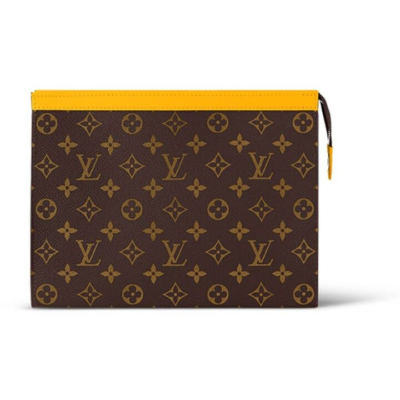 LOUIS VUITTON Pochette Voyage 老花满印拉链开合 Monogram Macassar 涂层帆布 手拿包 中号 男款 哑光黄