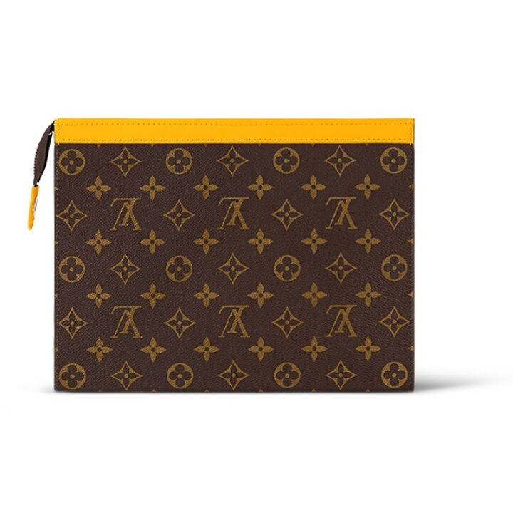 LOUIS VUITTON Pochette Voyage 老花满印拉链开合 Monogram Macassar 涂层帆布 手拿包 中号 男款 哑光黄