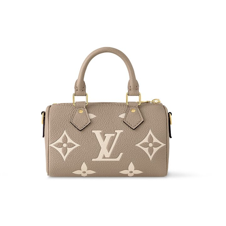 LOUIS VUITTON Speedy Nano 可拆卸可调节肩带拉链开合压花 柔软粒面牛皮 手提单肩斜挎包 超迷你 女款 托特雷尔灰拼奶油色