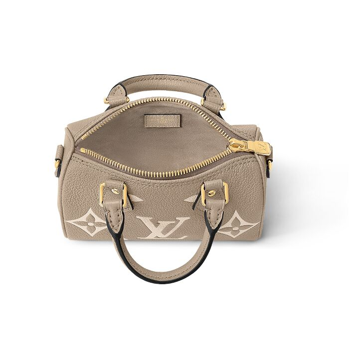 LOUIS VUITTON Speedy Nano 可拆卸可调节肩带拉链开合压花 柔软粒面牛皮 手提单肩斜挎包 超迷你 女款 托特雷尔灰拼奶油色