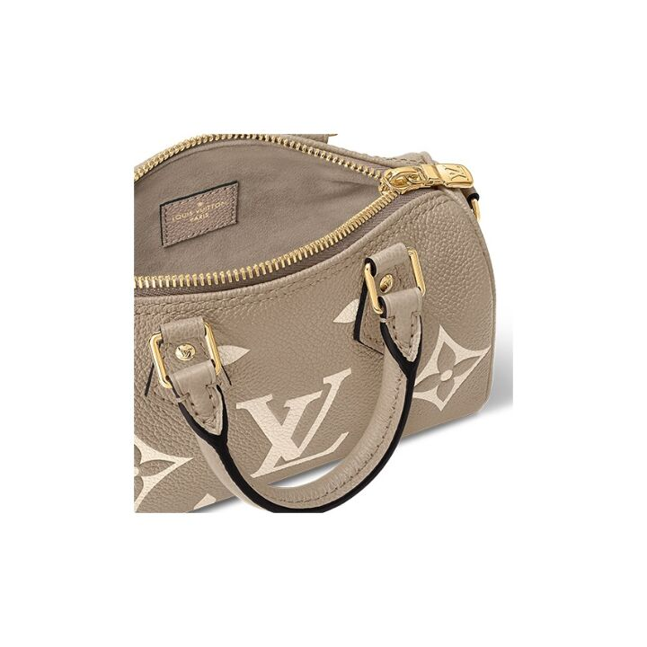 LOUIS VUITTON Speedy Nano 可拆卸可调节肩带拉链开合压花 柔软粒面牛皮 手提单肩斜挎包 超迷你 女款 托特雷尔灰拼奶油色