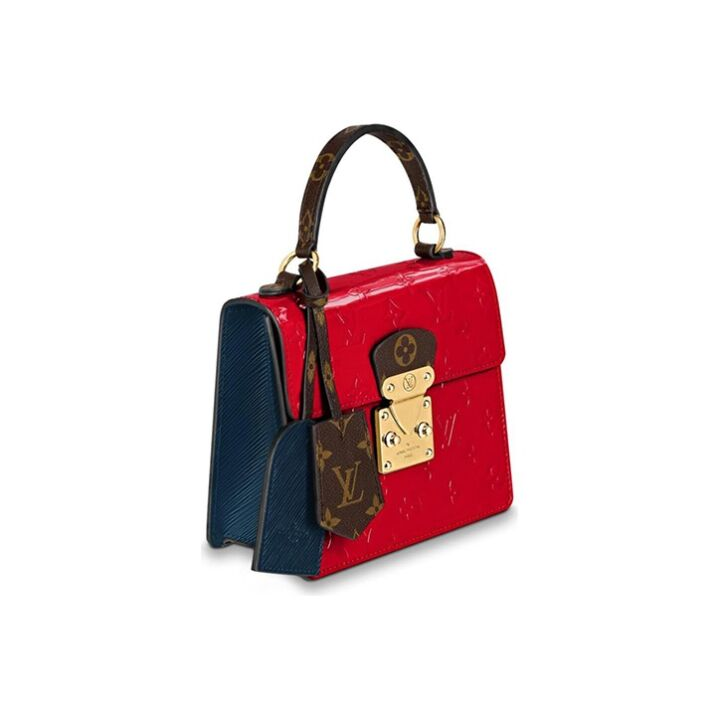 LOUIS VUITTON Spring Street系列 时尚潮流金扣压花图案 漆面牛皮涂层帆布拼皮革饰边 手提单肩斜挎包 女款 红色