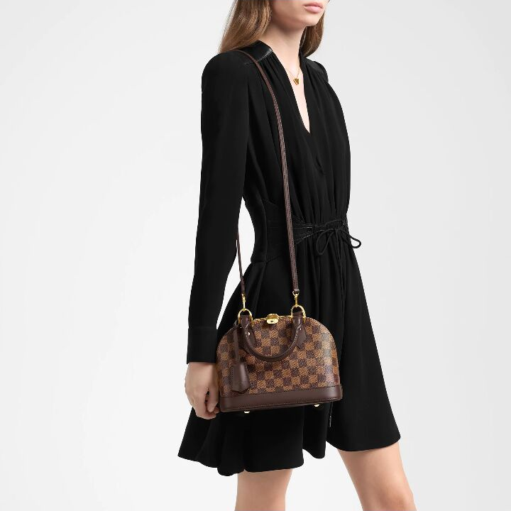 LOUIS VUITTON Alma BB棋盘格 涂层帆布拼牛皮革饰边 贝壳包手提包单肩包斜挎包 小号 女款 棕色