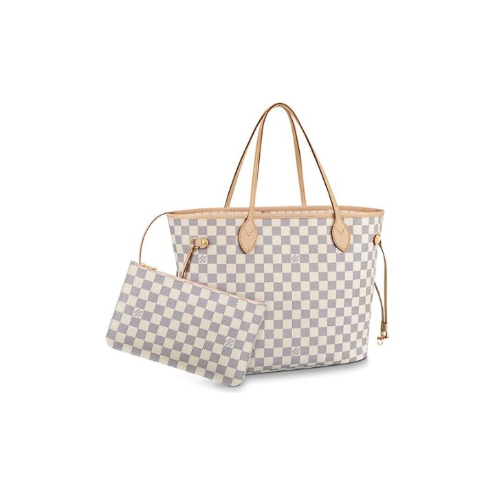 LOUIS VUITTON NEVERFULL MM 棋盘格 帆布拼牛皮饰边 子母包托特包Tote包购物袋单肩包手提包 中号 女款 白色 #米色内里#