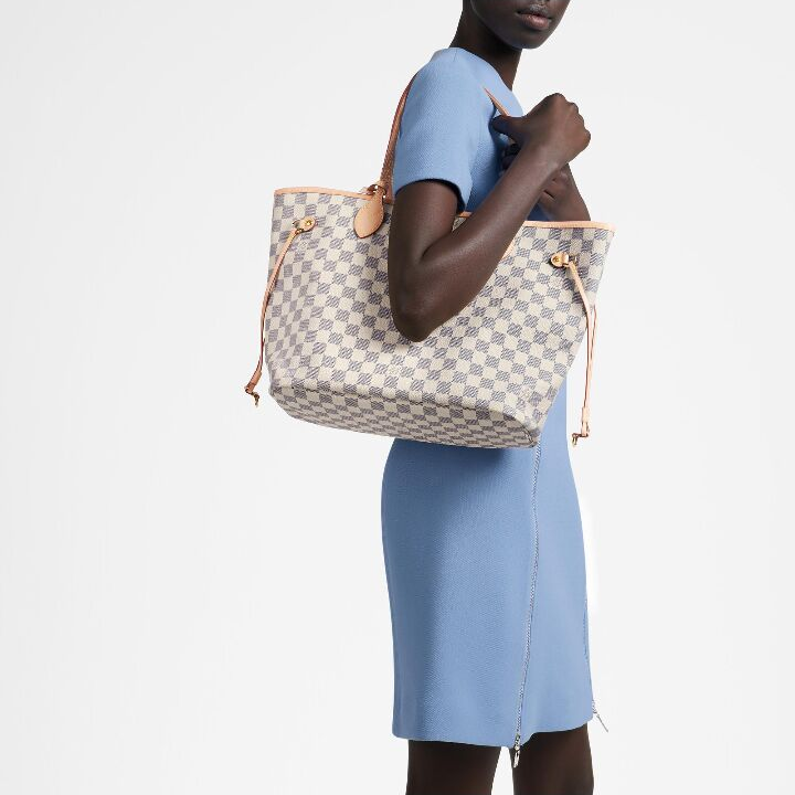 LOUIS VUITTON NEVERFULL MM 棋盘格 帆布拼牛皮饰边 子母包托特包Tote包购物袋单肩包手提包 中号 女款 白色 #米色内里#