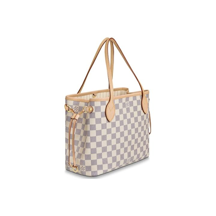 LOUIS VUITTON NEVERFULL PM 棋盘格 涂层帆布拼牛皮 子母包托特包Tote包购物袋单肩手提包 小号 女款 白色 #格米色内里#