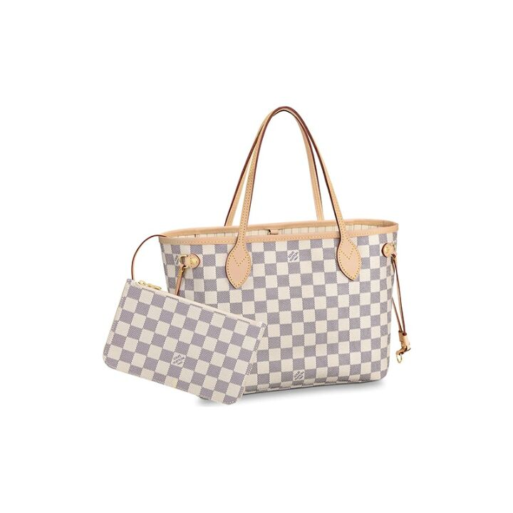 LOUIS VUITTON NEVERFULL PM 棋盘格 涂层帆布拼牛皮 子母包托特包Tote包购物袋单肩手提包 小号 女款 白色 #格米色内里#