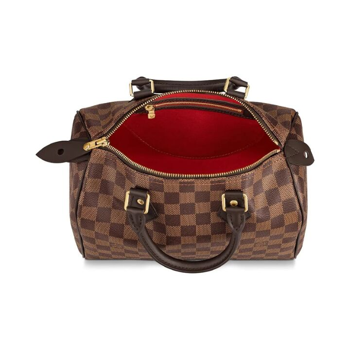 LOUIS VUITTON Speedy 经典复古棋盘格印花拉链开合无肩带 涂层帆布拼牛皮饰边 手提包 25 女款 棕色