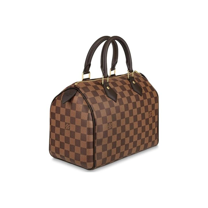 LOUIS VUITTON Speedy 经典复古棋盘格印花拉链开合无肩带 涂层帆布拼牛皮饰边 手提包 25 女款 棕色