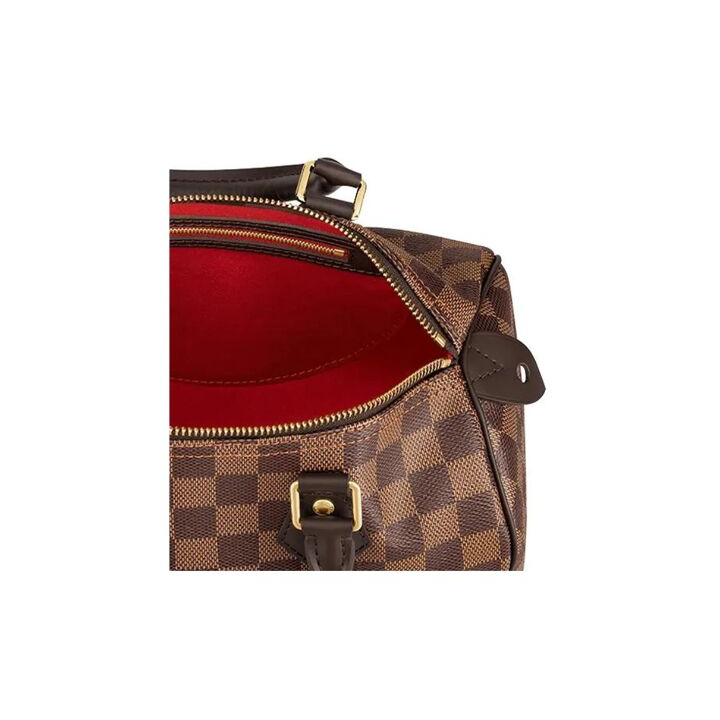 LOUIS VUITTON Speedy 经典复古棋盘格印花拉链开合无肩带 涂层帆布拼牛皮饰边 手提包 25 女款 棕色
