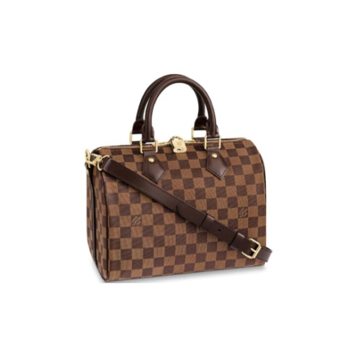 LOUIS VUITTON Speedy 25 棋盘格肩带款 牛皮拼帆布 枕头包单肩斜挎手提包 女款 棕褐色