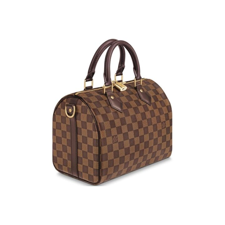 LOUIS VUITTON Speedy 25 棋盘格肩带款 牛皮拼帆布 枕头包单肩斜挎手提包 女款 棕褐色