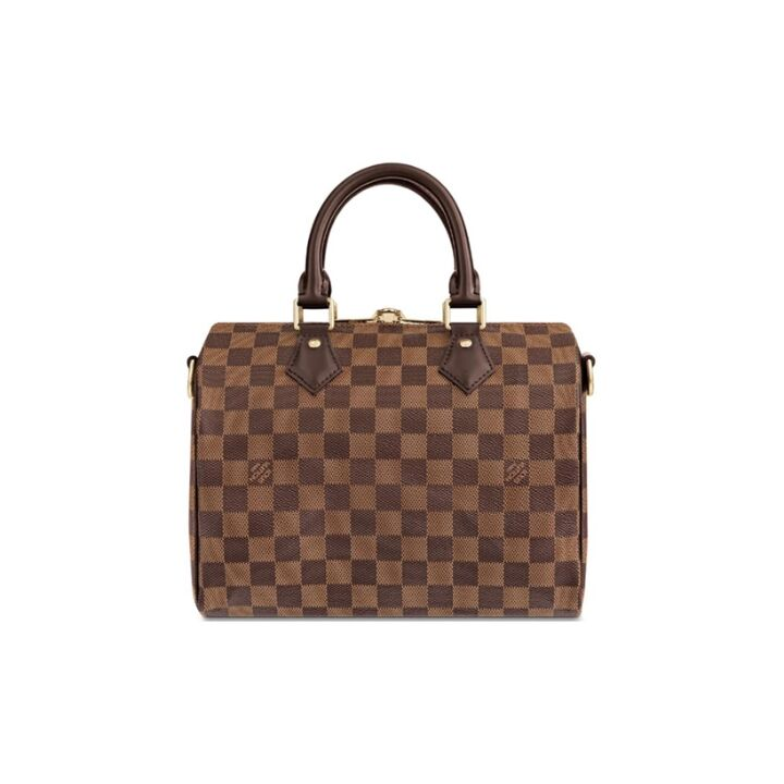 LOUIS VUITTON Speedy 25 棋盘格肩带款 牛皮拼帆布 枕头包单肩斜挎手提包 女款 棕褐色