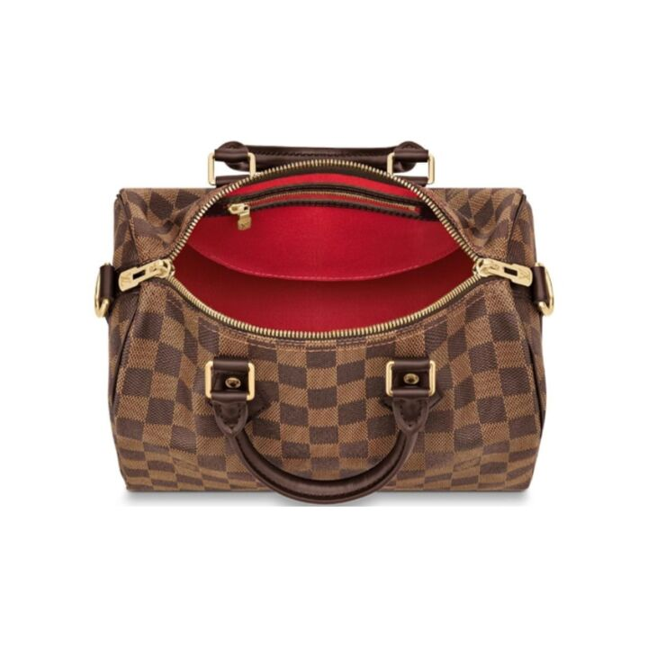 LOUIS VUITTON Speedy 25 棋盘格肩带款 牛皮拼帆布 枕头包单肩斜挎手提包 女款 棕褐色