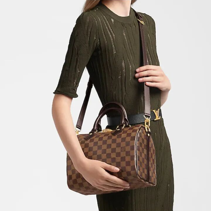 LOUIS VUITTON Speedy 25 棋盘格肩带款 牛皮拼帆布 枕头包单肩斜挎手提包 女款 棕褐色