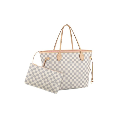 LOUIS VUITTON NEVERFULL MM 棋盘格粉色内里 涂层帆布牛皮 托特包Tote包购物袋子母包手提单肩包 中号 女款 白色