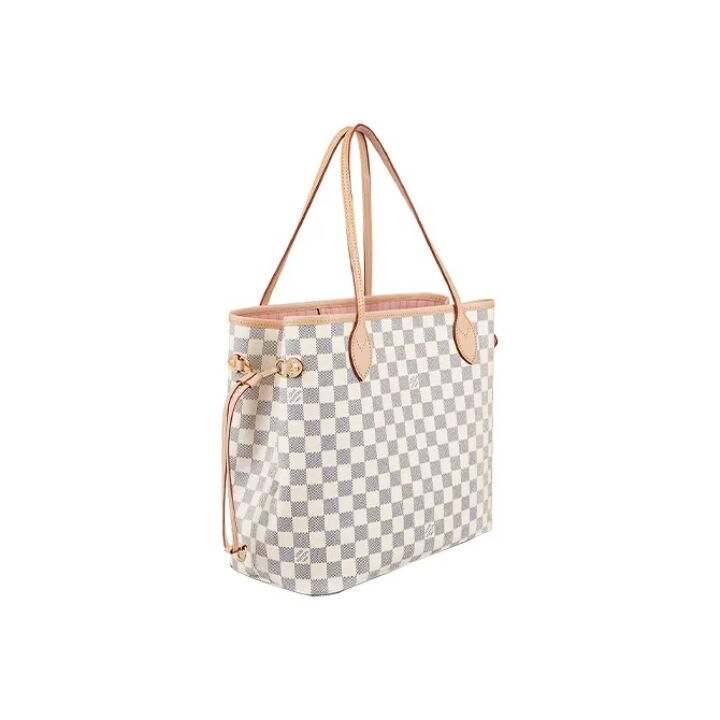 LOUIS VUITTON NEVERFULL MM 棋盘格粉色内里 涂层帆布牛皮 托特包Tote包购物袋子母包手提单肩包 中号 女款 白色