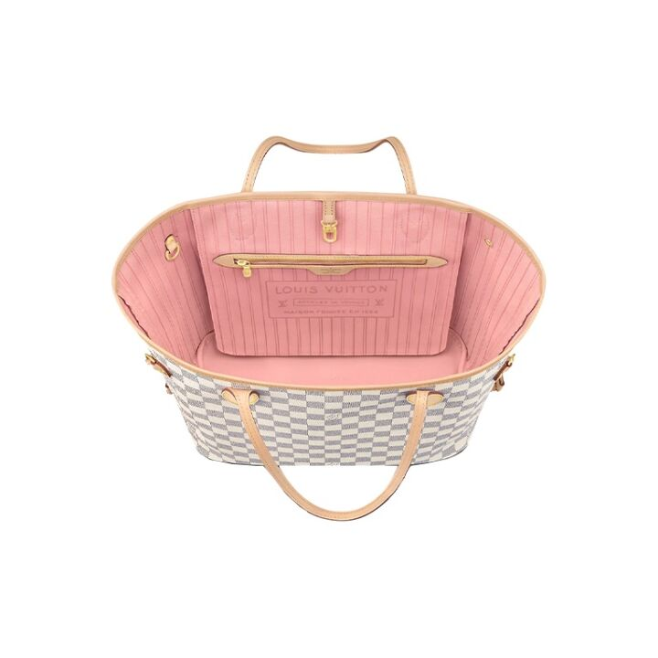 LOUIS VUITTON NEVERFULL MM 棋盘格粉色内里 涂层帆布牛皮 托特包Tote包购物袋子母包手提单肩包 中号 女款 白色