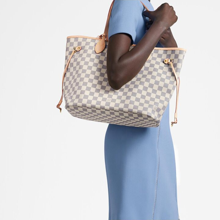 LOUIS VUITTON NEVERFULL MM 棋盘格粉色内里 涂层帆布牛皮 托特包Tote包购物袋子母包手提单肩包 中号 女款 白色