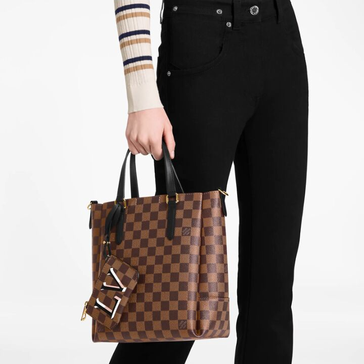 LOUIS VUITTON Belmont 棋盘格可拆卸零钱袋 涂层帆布拼牛皮 托特包Tote包购物袋手提单肩斜挎包 女款 棕色