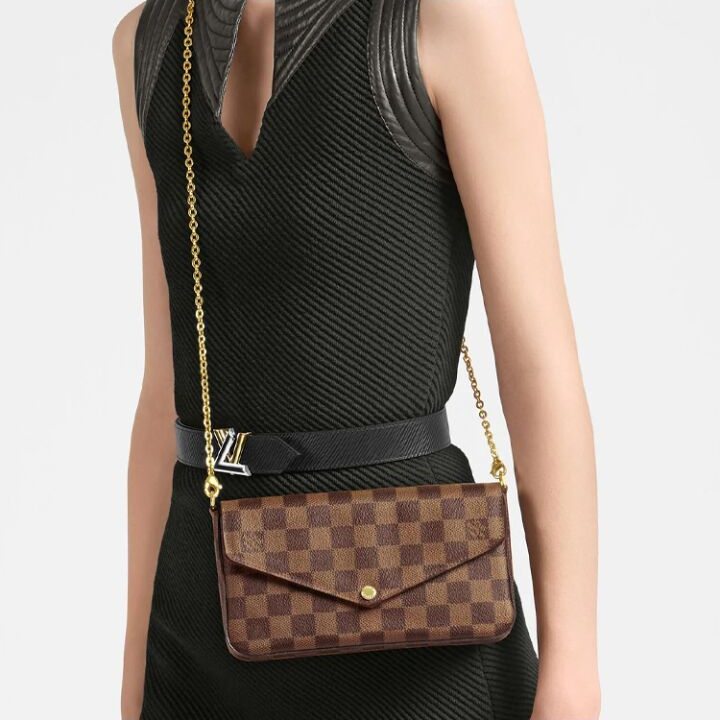 LOUIS VUITTON Pochette Félicie 时尚复古棋盘格设计 帆布拼牛皮革 链条包斜挎包单肩包 女款 棕色